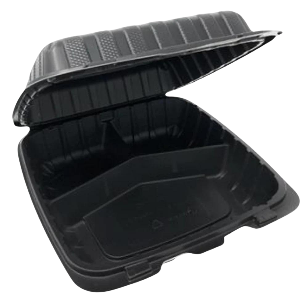 8" X 8" X 3" PLASTIC POLYPROPYLENE HINGED CONTAINER VENTED 3 COMP - 150CT
