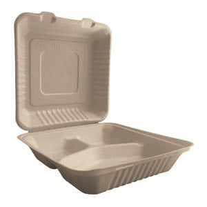 9"x9"x3" PFAS FREE ECO BIODEGRADABLE COMPOSTABLE 3 COMP HINGED CONTAINERS - 200CT