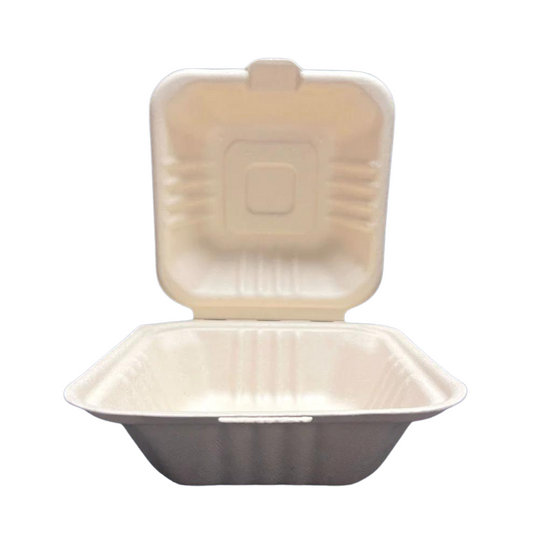 6"x6"x3" PFAS FREE BIODEGRADABLE BAGASSE PULP HINGED CONTAINERS - 500CT