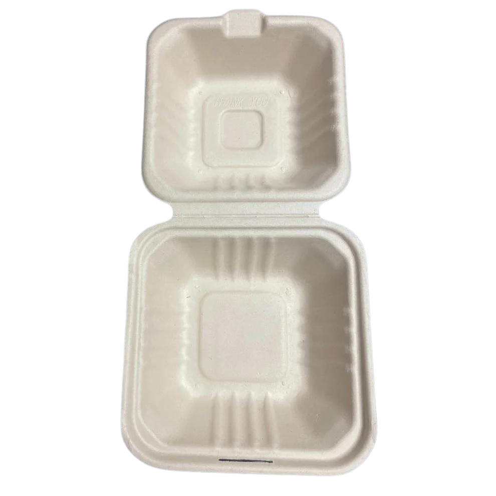 6"x6"x3" PFAS FREE BIODEGRADABLE BAGASSE PULP HINGED CONTAINERS - 500CT