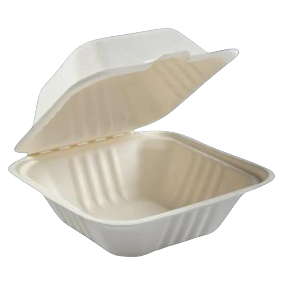 6"x6"x3" PFAS FREE ECO BIODEGRADABLE BAGASSE HINGED CONTAINER - 500CT