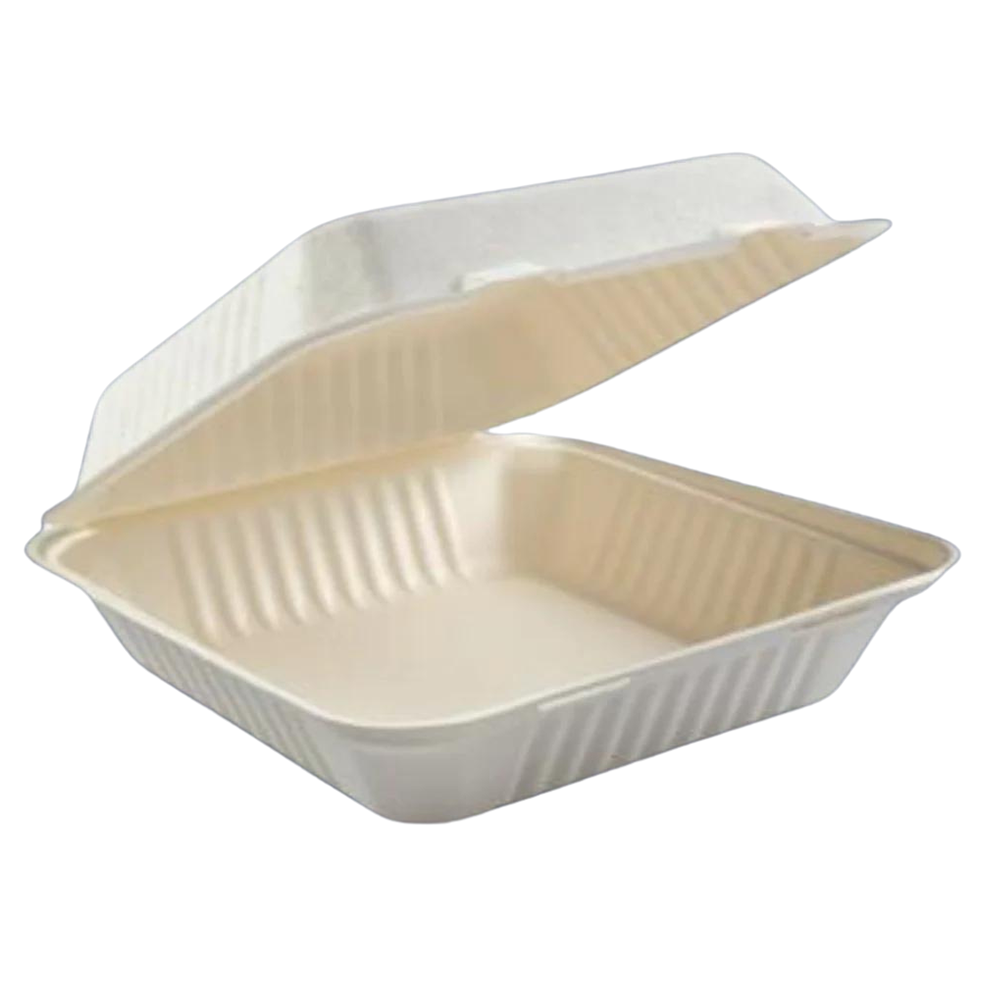 9"x9"x3" ECO BIODEGRADABLE BAGASSE ONE COMPARTMENT HINGED CONTAINERS - 200CT