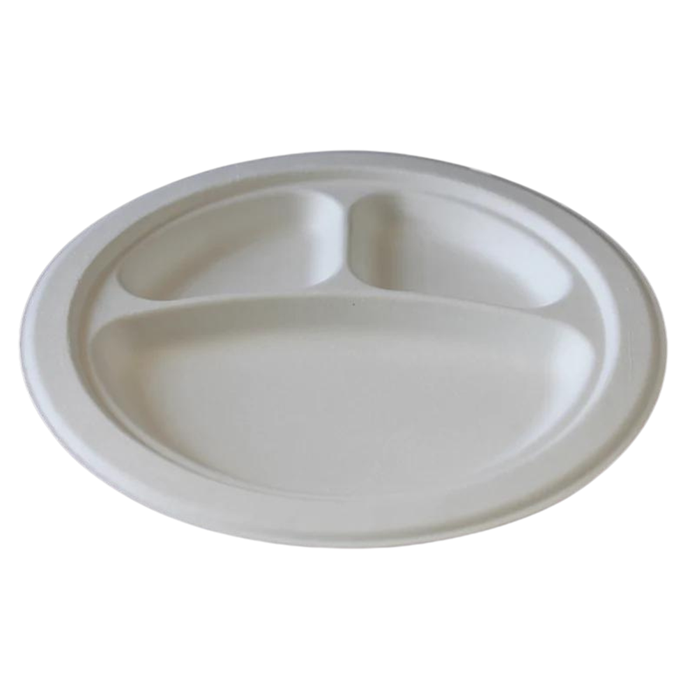 9" ECO BIODEGRADABLE BAGASSE 3 COMPARTMENT PLATES - 500CT