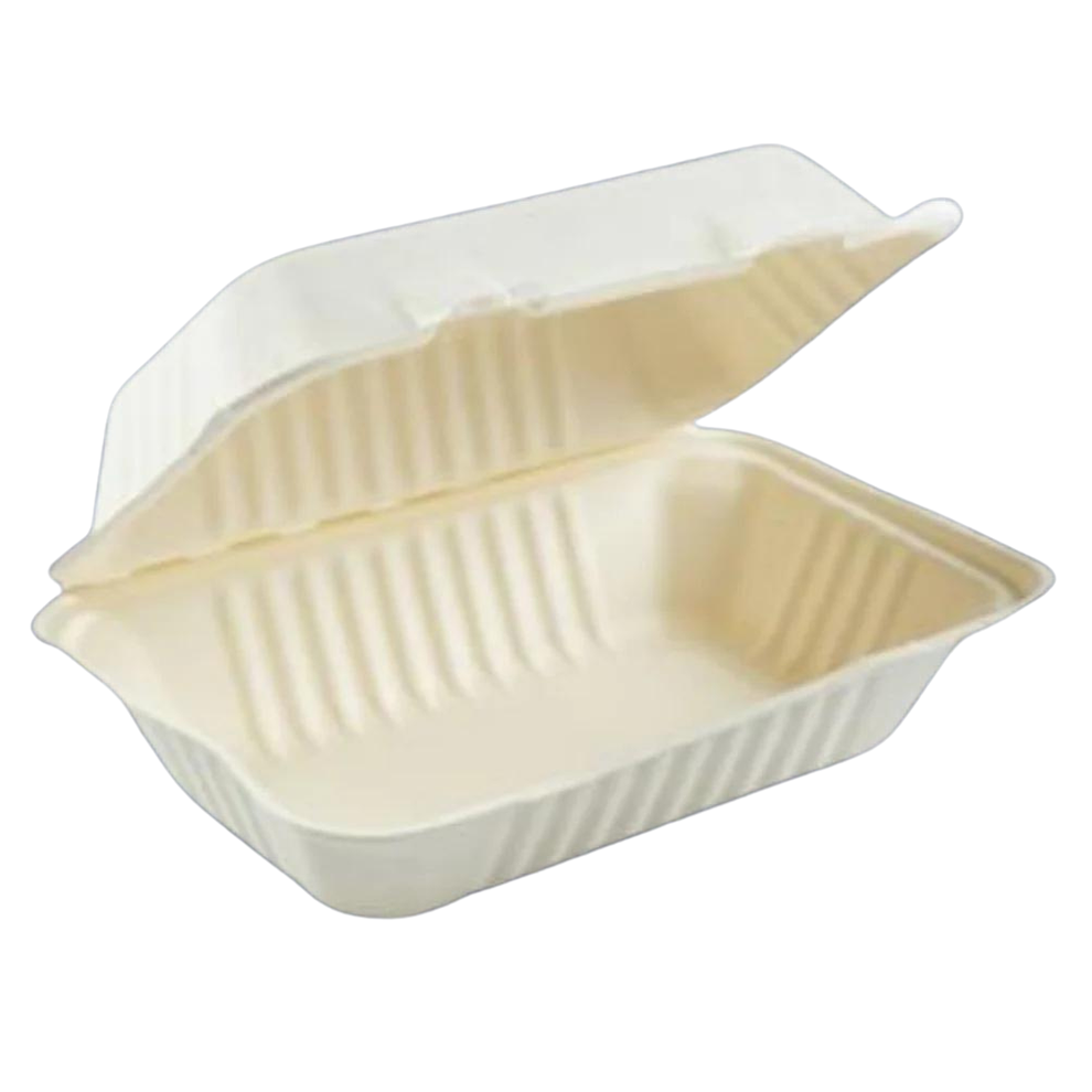 9"x6"x3" PFAS FREE ECO BIODEGRADABLE ONE COMPARTMENT BAGASSE HINGED CONTAINERS - 200CT