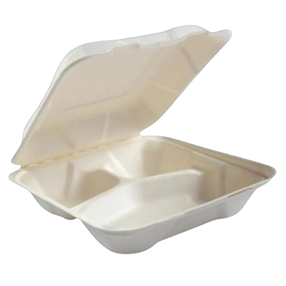 9" x 9"x 3" ECO BIODEGRADABLE BAGASSE THREE COMPARTMENT HINGED CONTAINERS - 200CT