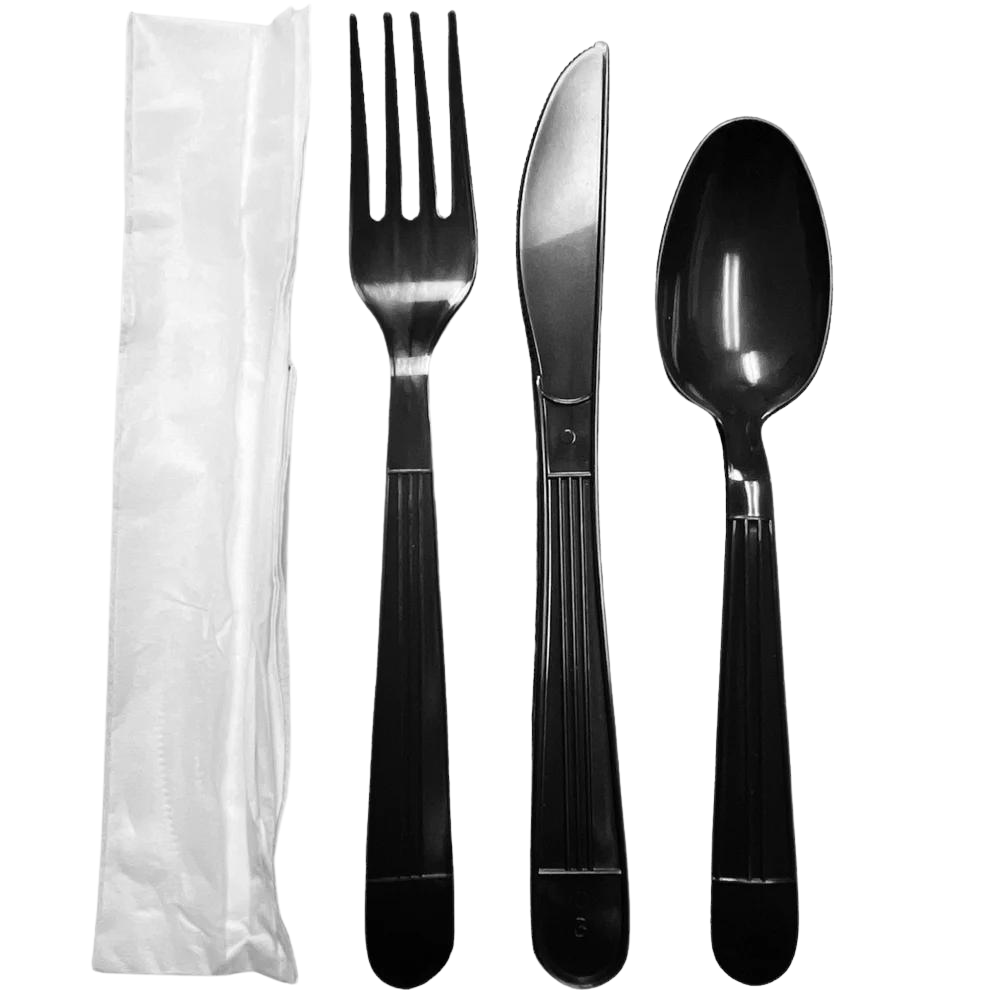 FULL SIZE HEAVY 4 PIECE INDV WRAPPED BLACK CUTLERY KIT 250 CT – PAK ONE