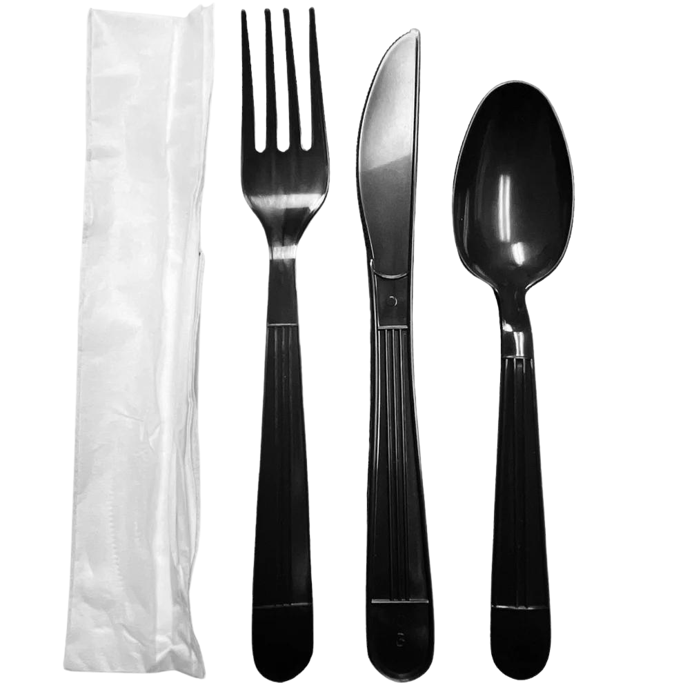 FULL SIZE HEAVY 4 PIECE INDV WRAPPED BLACK CUTLERY KIT 250 CT