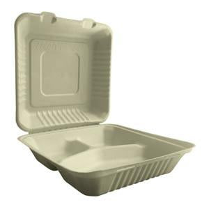 8"x8"x3" PFAS FREE ECO BIODEGRADABLE BAGASSE 3 COMPARTMENT HINGED CONTAINERS - 200CT